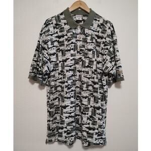 Columbia Men's Large Green White Fish Print Short Sleeve Cotton Polo